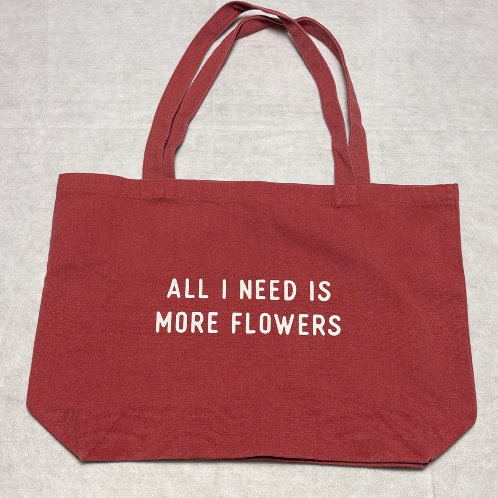 Red Canvas Tote Bag “all I need is flowers” 20x12x4